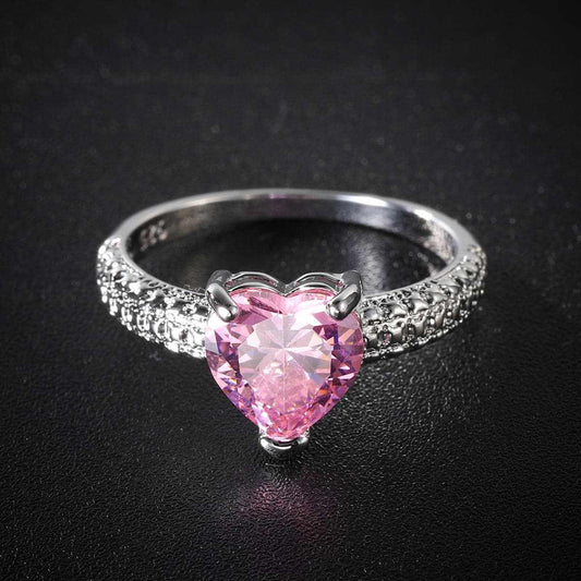 Pink Crystal & Silvertone Heart Ring