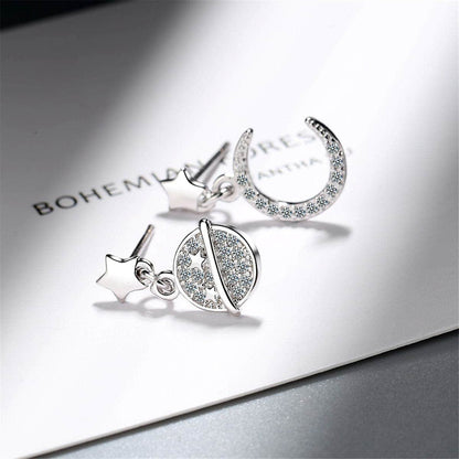 Cubic Zirconia & Silvertone Moon & Planet Drop Earrings