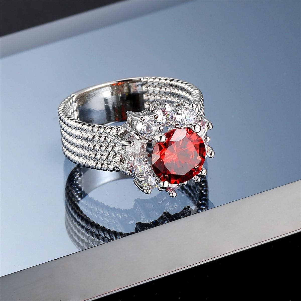 Red Cubic Zirconia & Crystal Floral Halo Ring