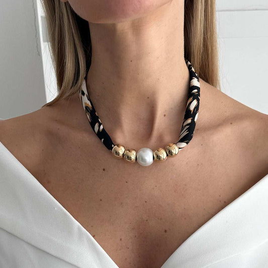 Botany Print Polyster & Pearl Goldtone Ball Collar Necklace