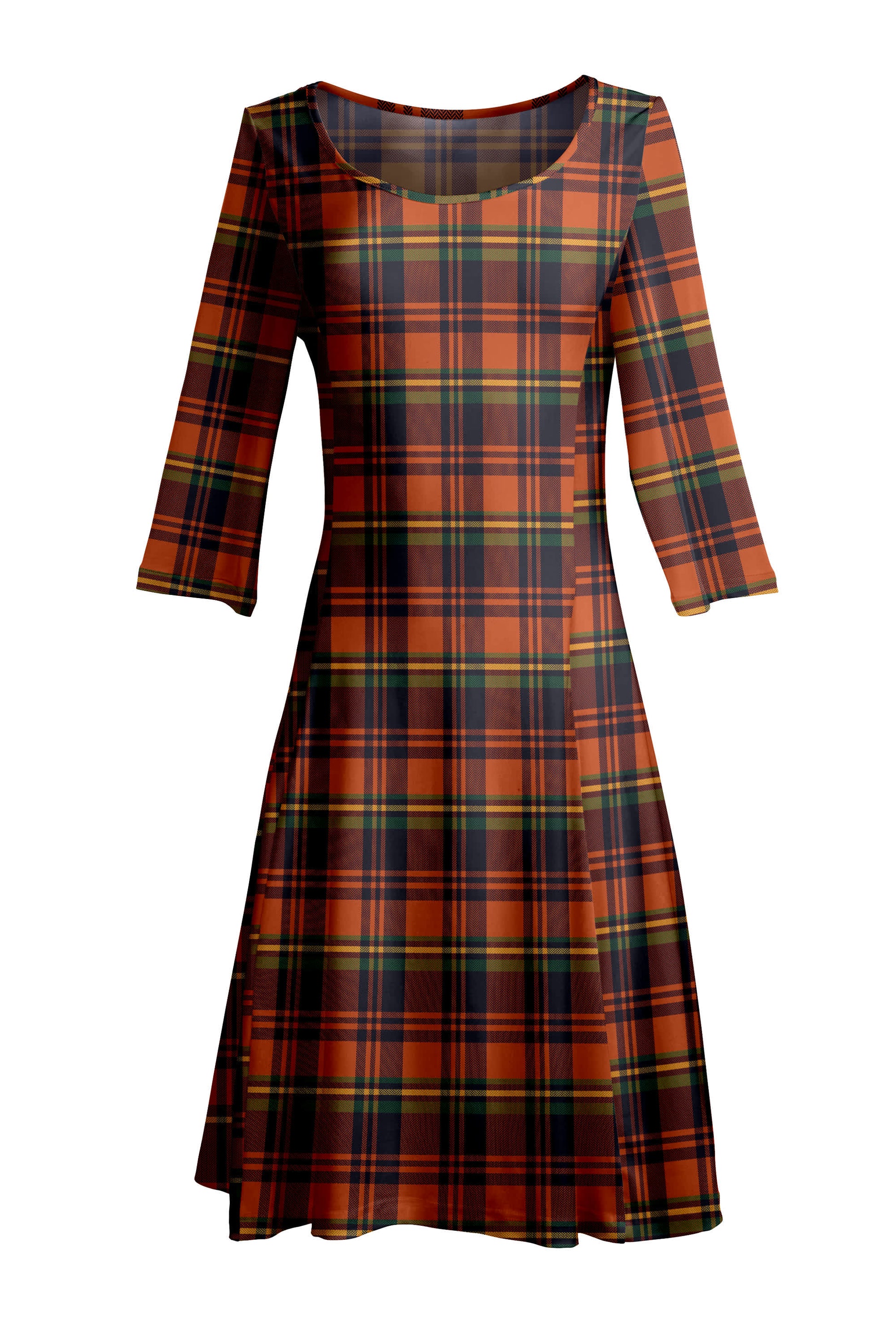 plaid fit and flare dress Lily by Firmiana Women’s ¾ Sleeve Fit-and-Flare Orange & Brown Orange & Brown Plaid / 2XL Summer Wrap Maxi Dress Maxi  Dresses 100% Viscose Color:Pale Gold