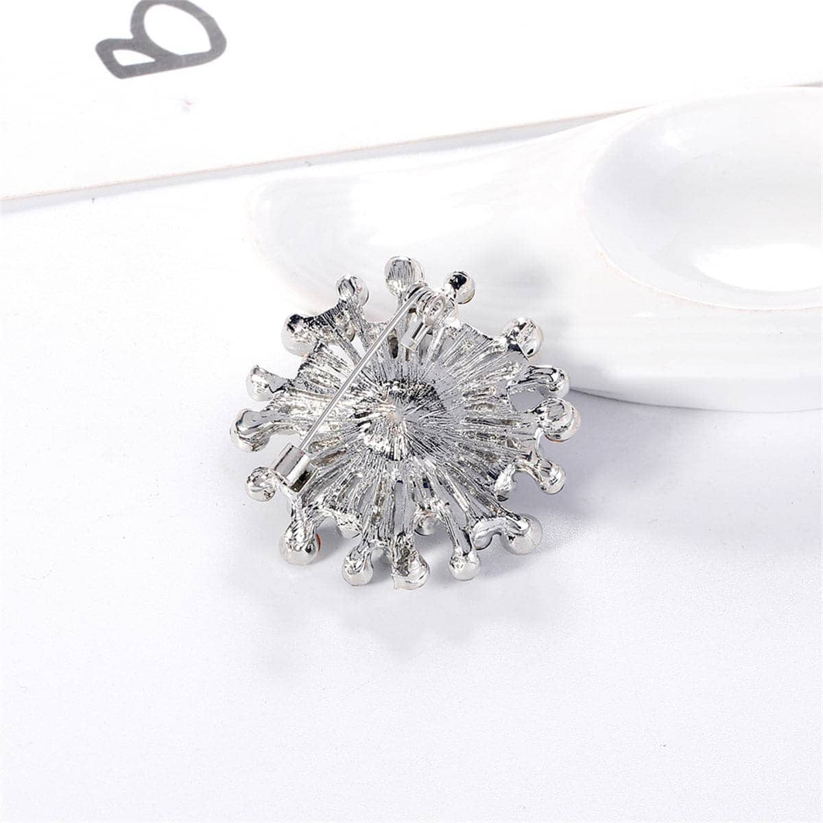Blue Cubic Zirconia & Silvertone Flower Brooch-2