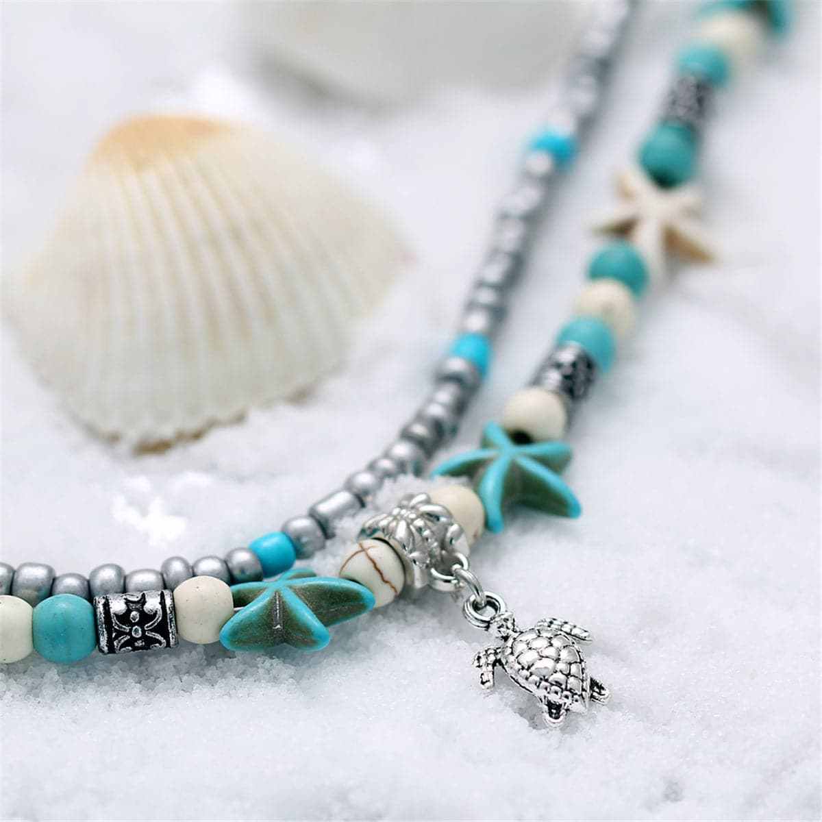 Turquoise & Silvertone Sea Turtle Layered Anklet