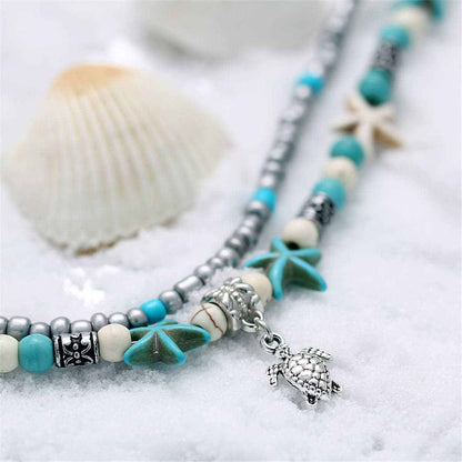 Turquoise & Silvertone Sea Turtle Layered Anklet