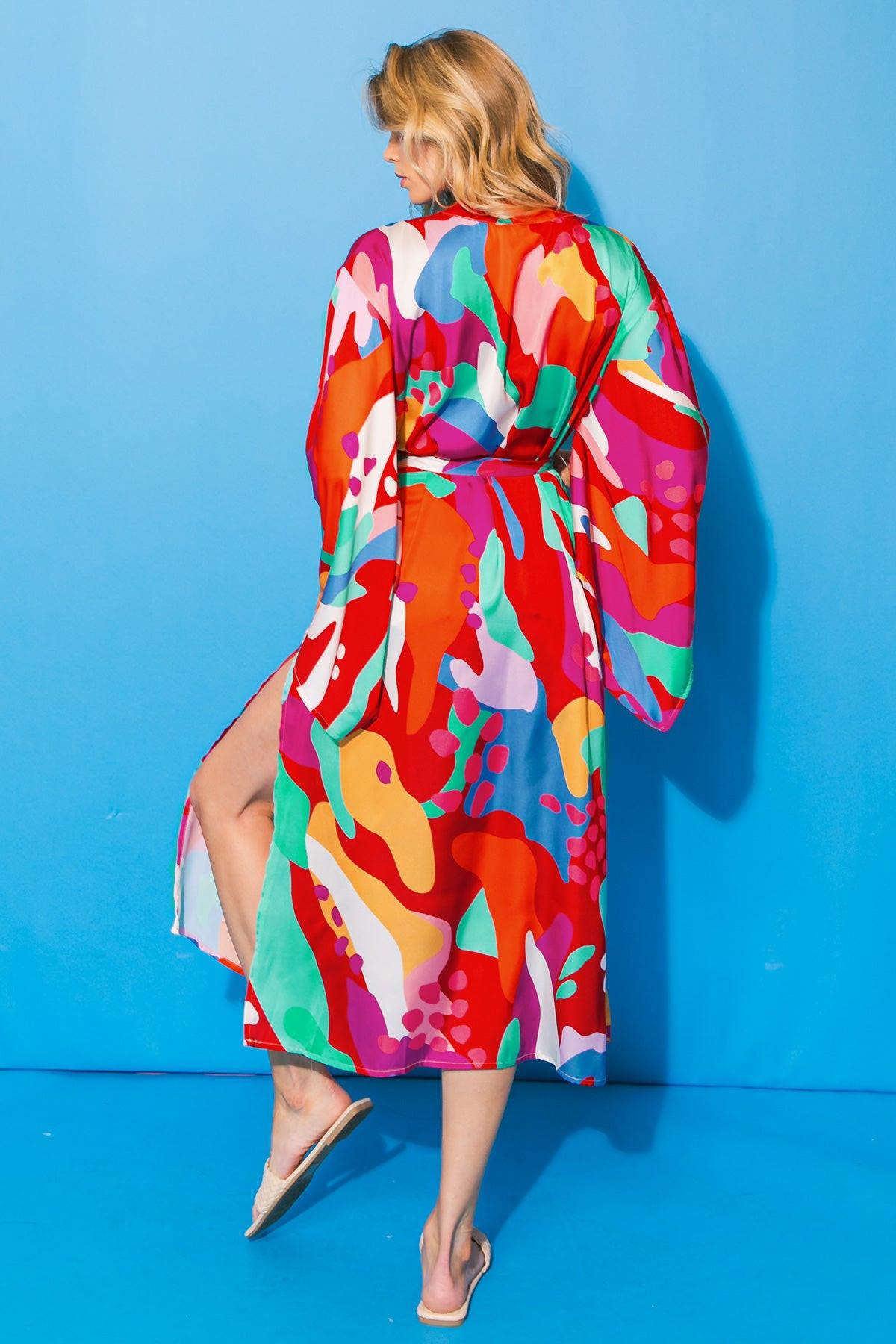 Cancun Getaway Satin Midi Kimono