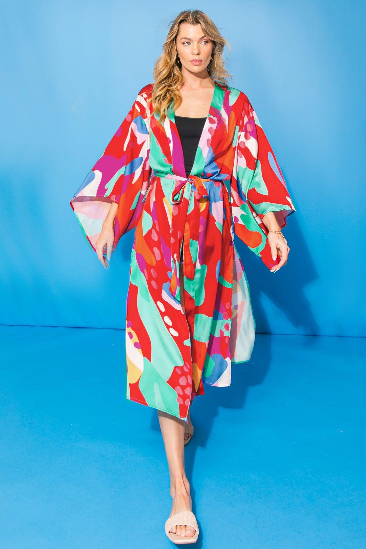 Cancun Getaway Satin Midi Kimono