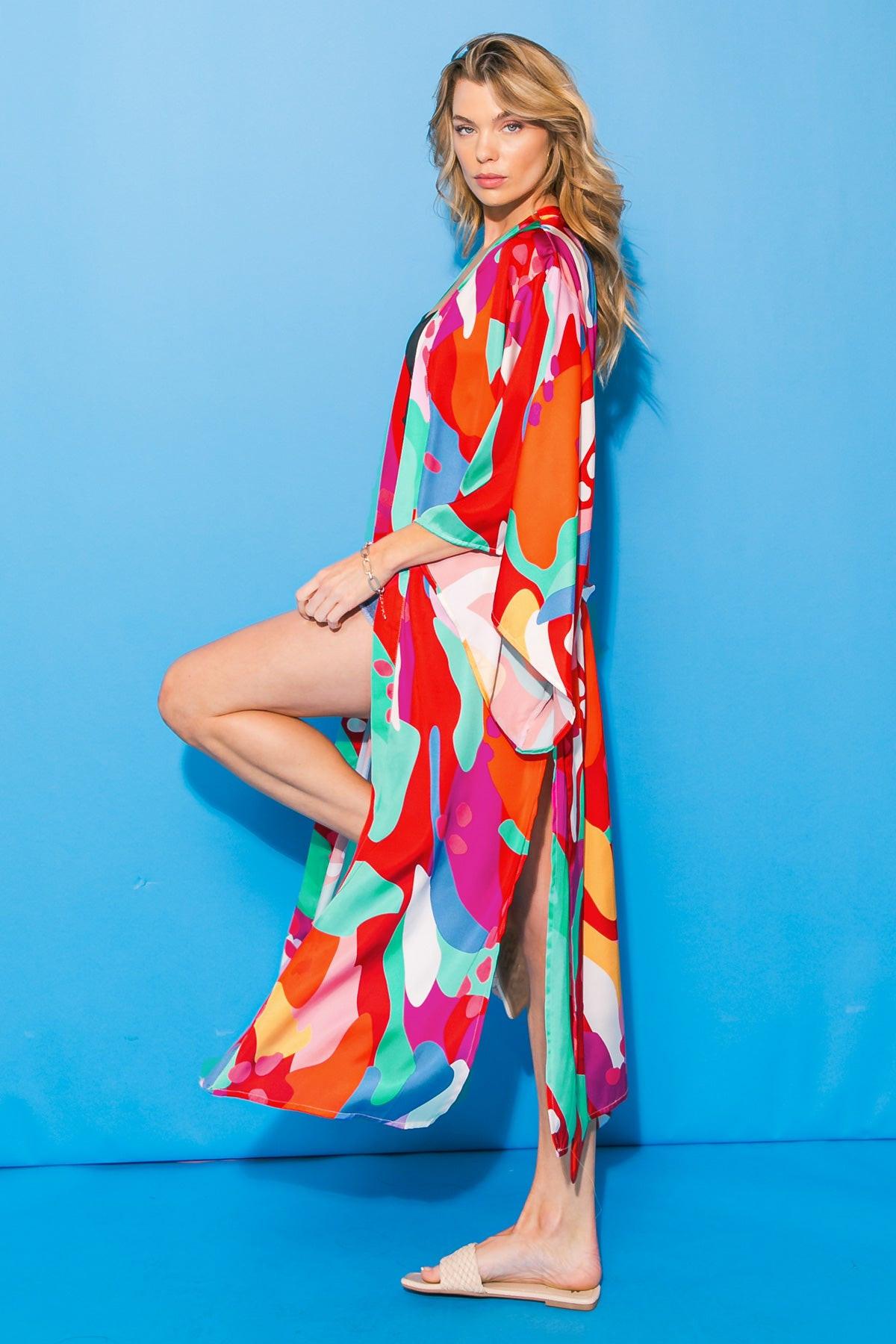 Cancun Getaway Satin Midi Kimono