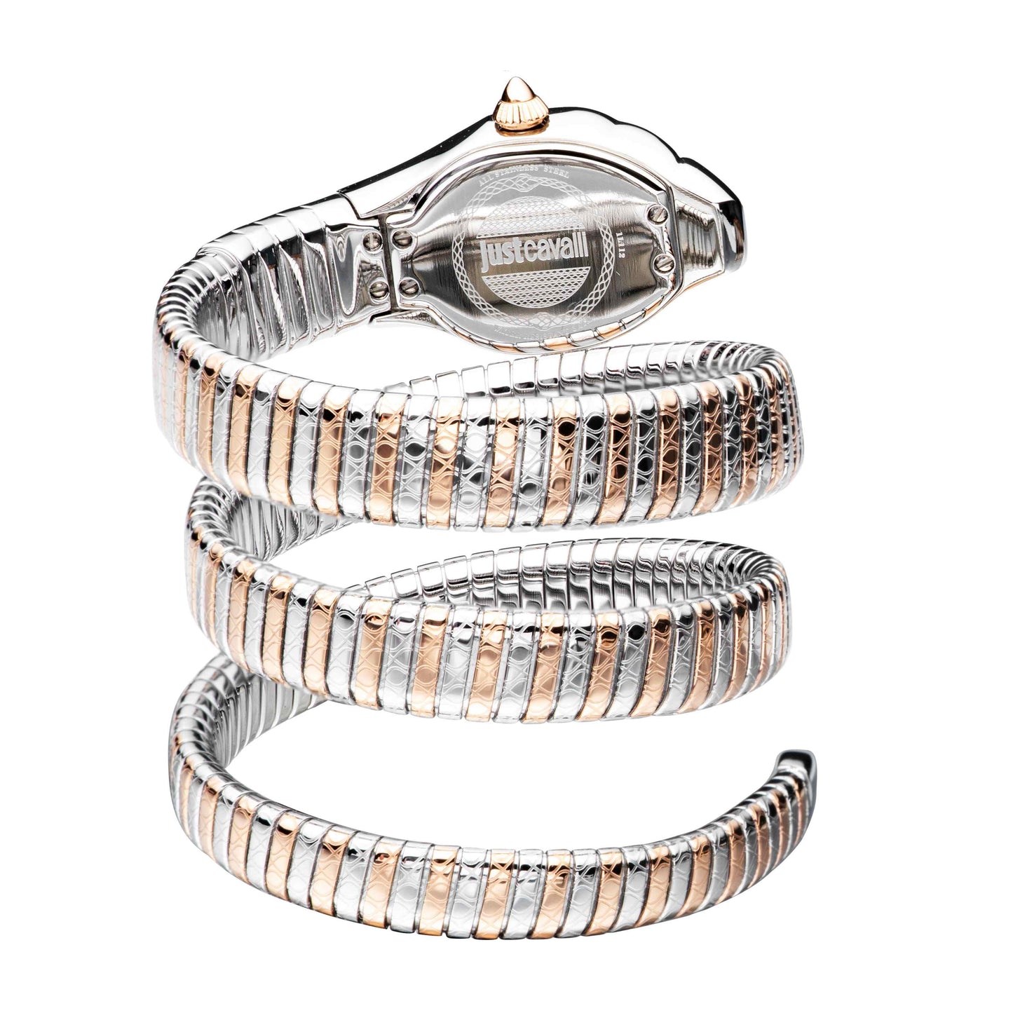 Just CAVALLI Women Watch, Silver Color Case, Silver Dial, Two Tone Silver & Rose Gold Color Stainless Steel Metal Bracelet, 2 Hands, 3 Atm