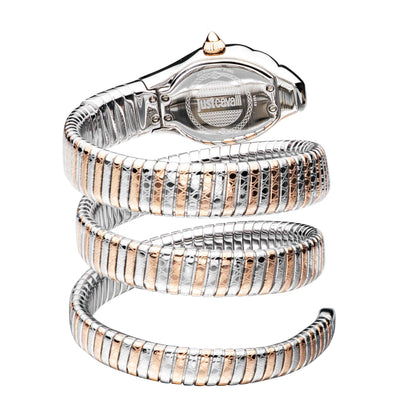 Just CAVALLI Women Watch, Silver Color Case, Silver Dial, Two Tone Silver & Rose Gold Color Stainless Steel Metal Bracelet, 2 Hands, 3 Atm