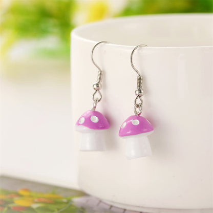 Purple Resin & Silvertone Dot Mushroom Drop Earrings