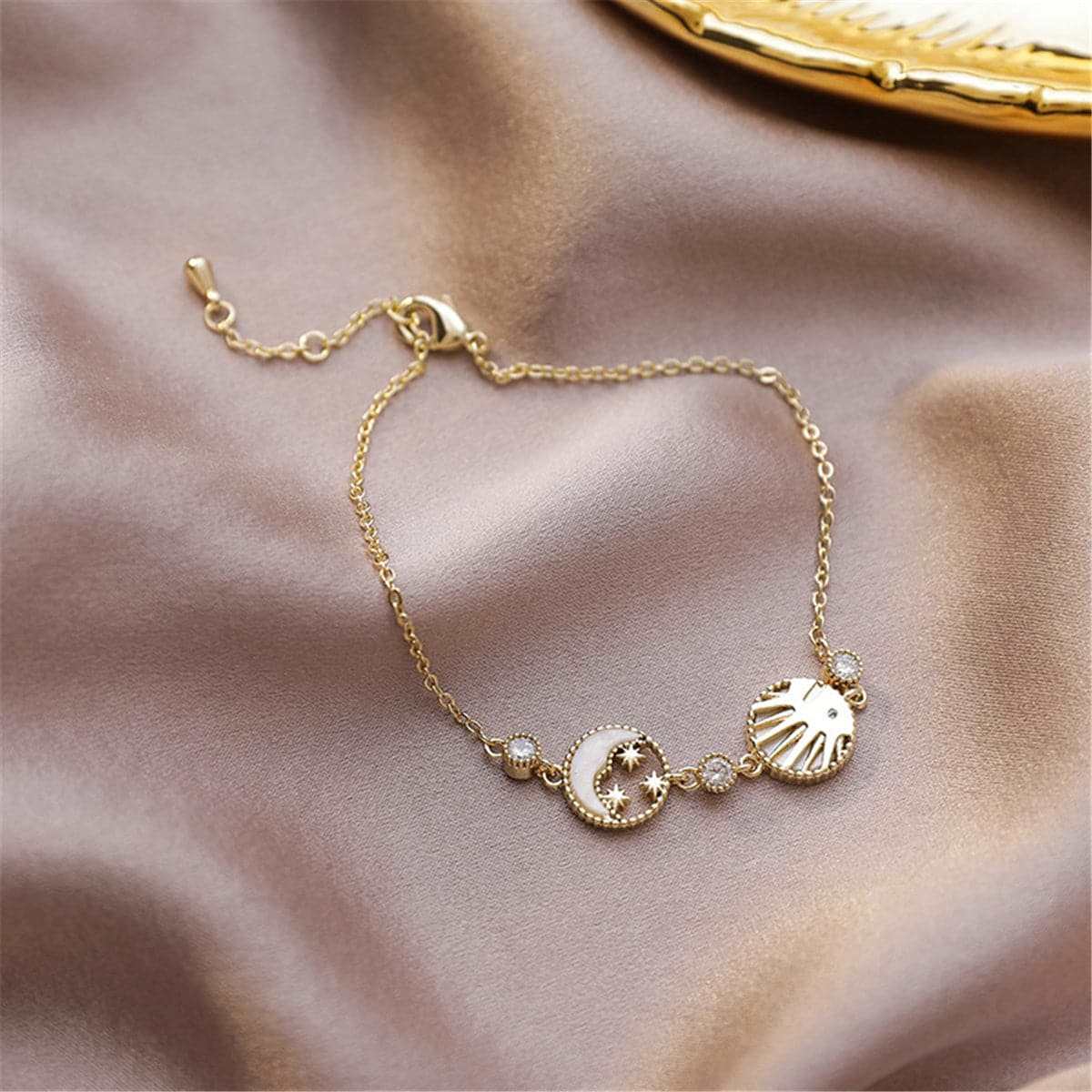 Cubic Zirconia & Shell 18K Gold Plated Round Moon Sun Charm Bracelet
