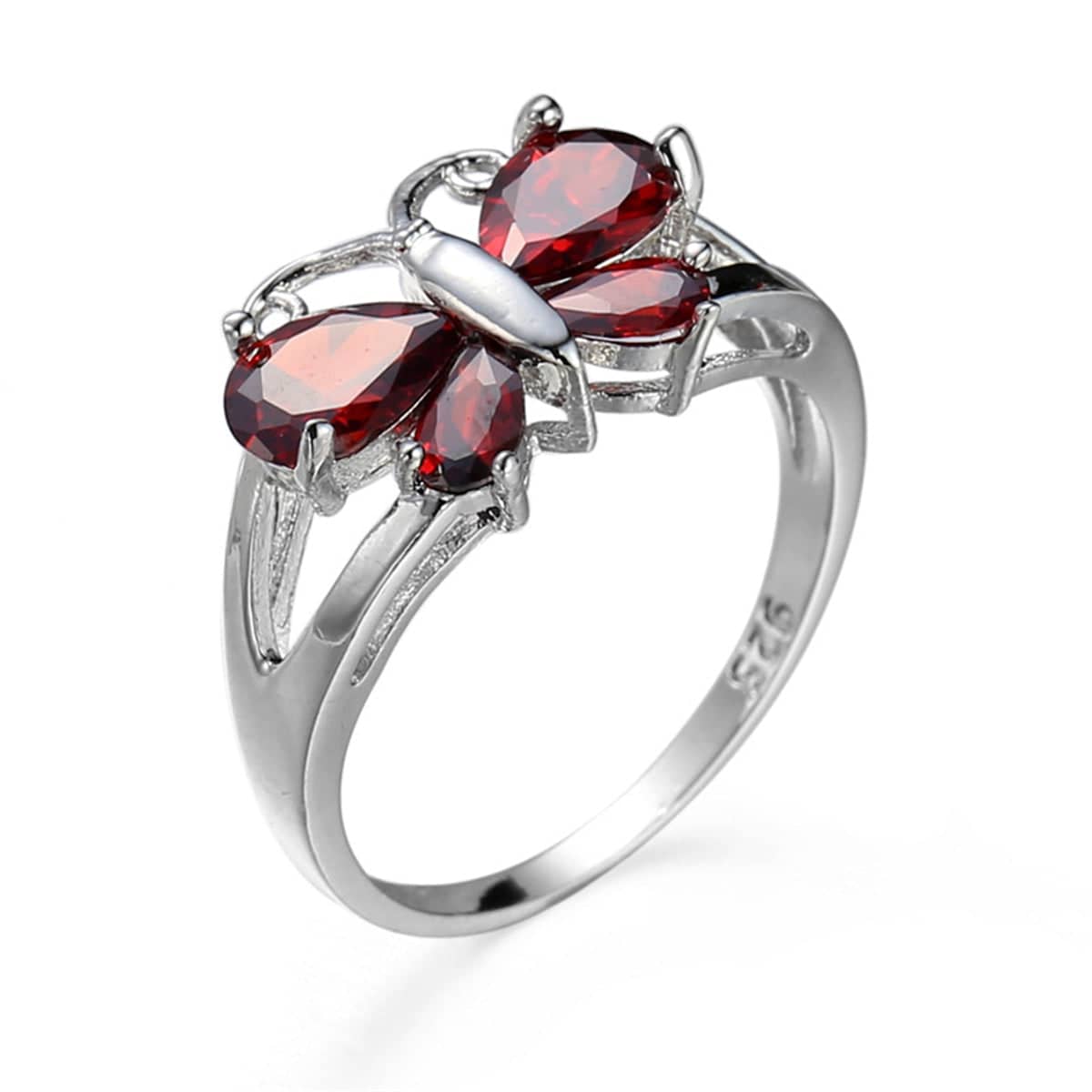 Red Crystal & Silvertone Butterfly Ring-2