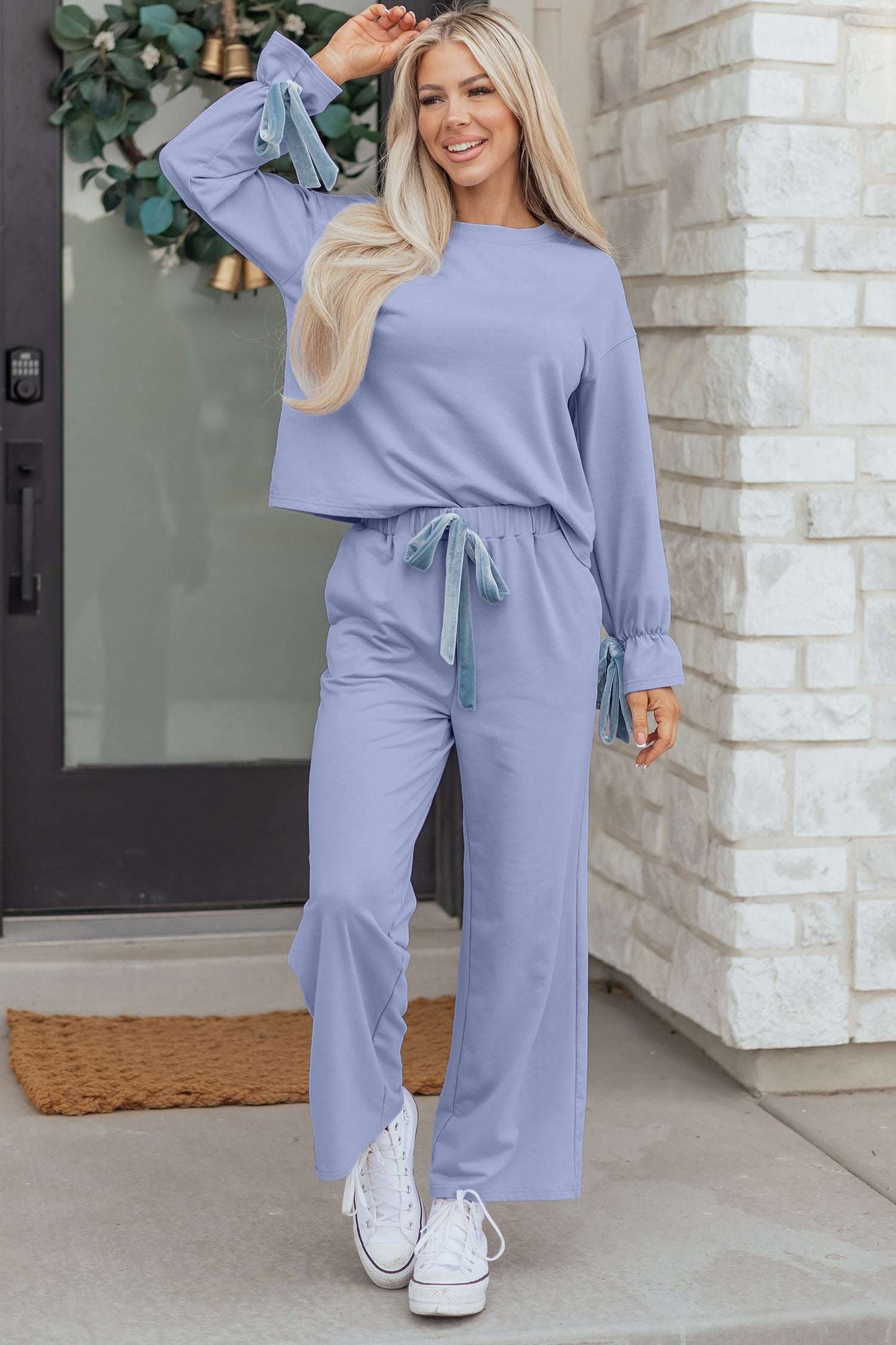 Rory Beau Flounce Long Sleeve Lounge Set - Beau Blue / L - 12/14