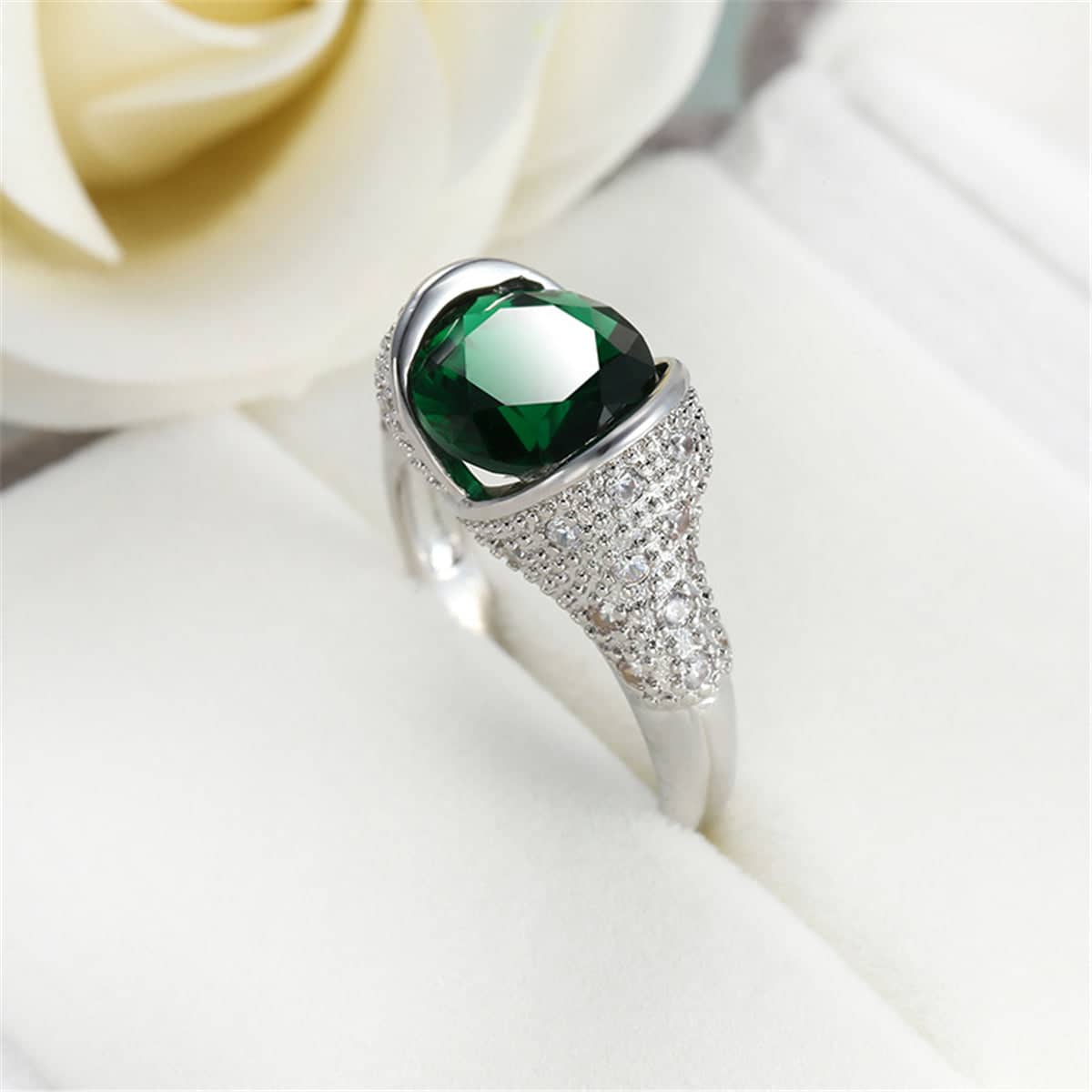 Green Crystal & Silvertone Bezel Ring