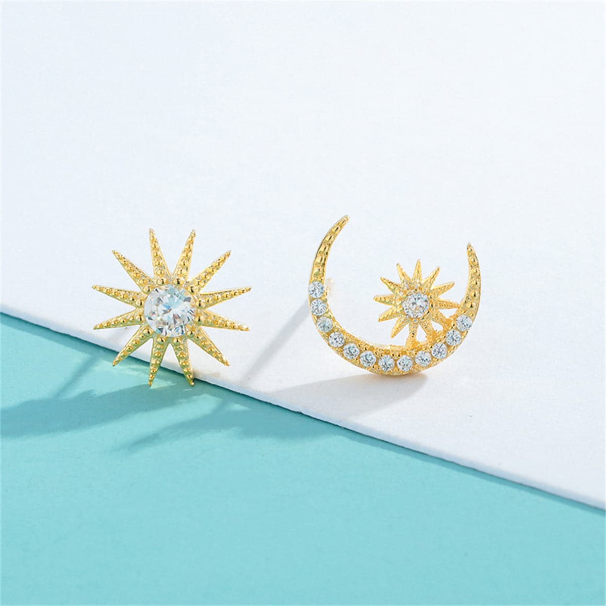 Cubic Zirconia & Goldtone Moon & Sun Stud Earrings