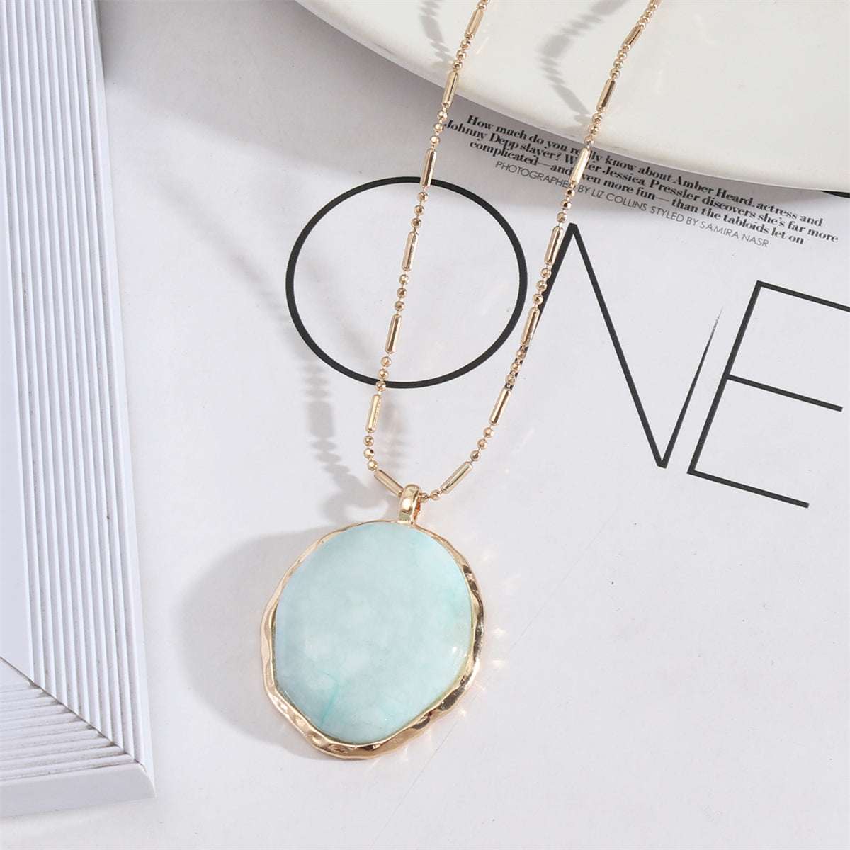 Light Blue Turquoise & Goldtone Oval Pendant Necklace
