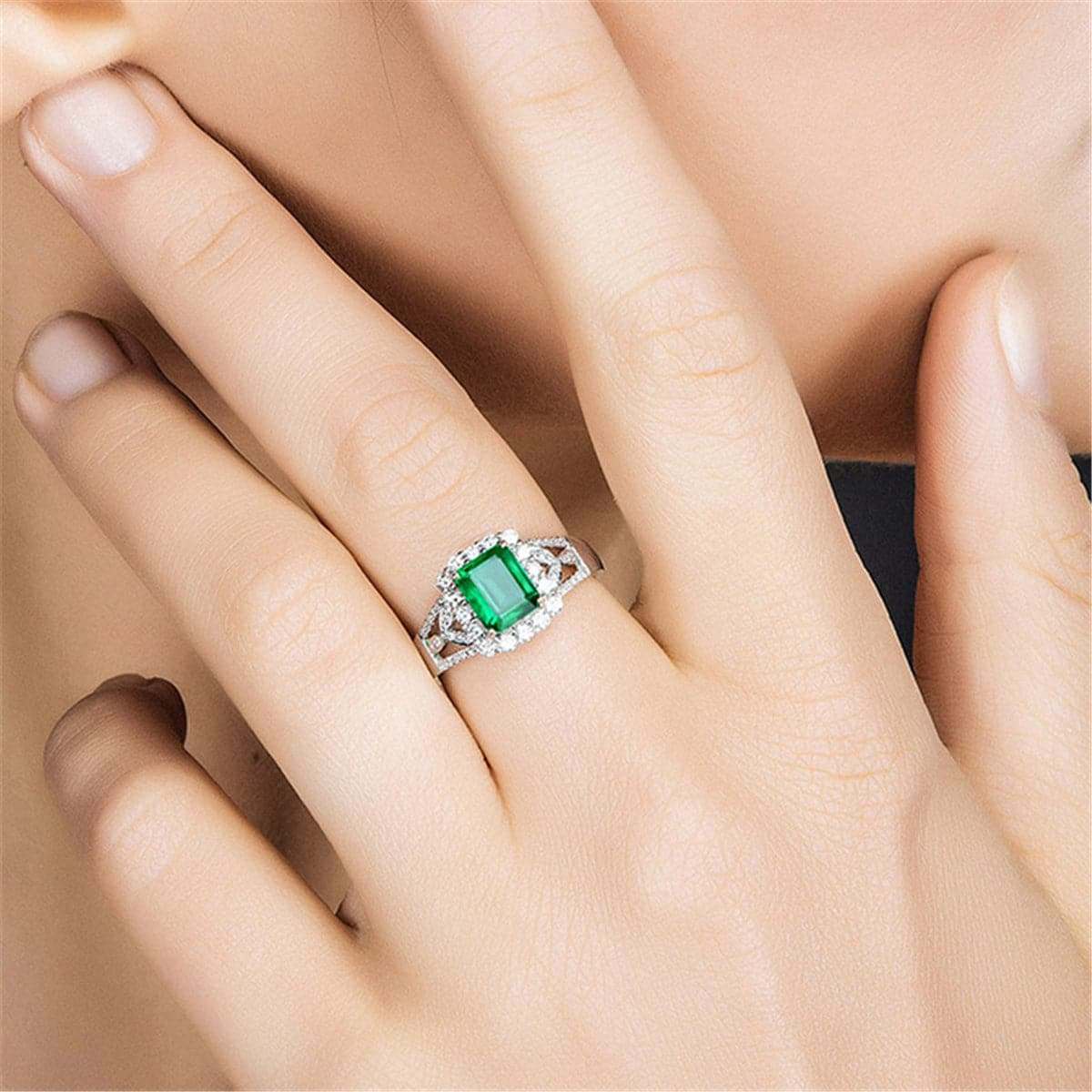 Green Crystal & Silvertone Halo Radiant-Cut Adjustable Ring
