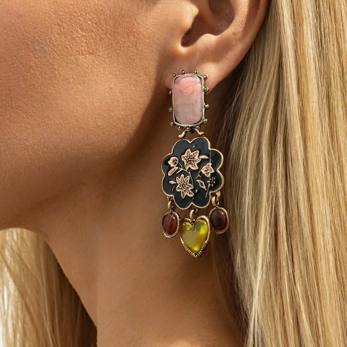 Resin & Black Enamel Goldtone Flower Tassel Dangle Earrings