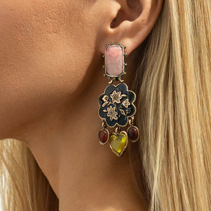 Resin & Black Enamel Goldtone Flower Tassel Dangle Earrings