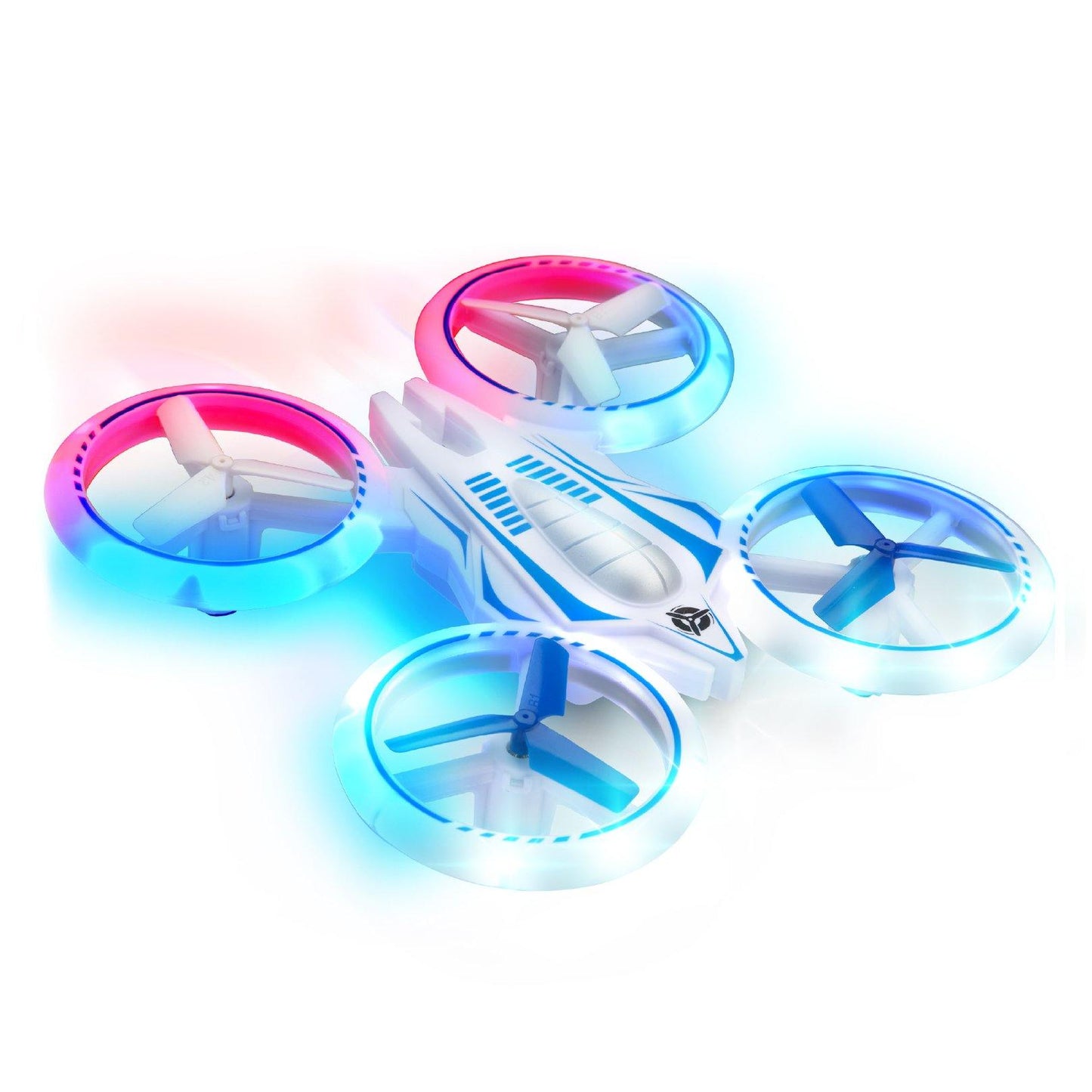 White drone, white remote control, and blue propellers-