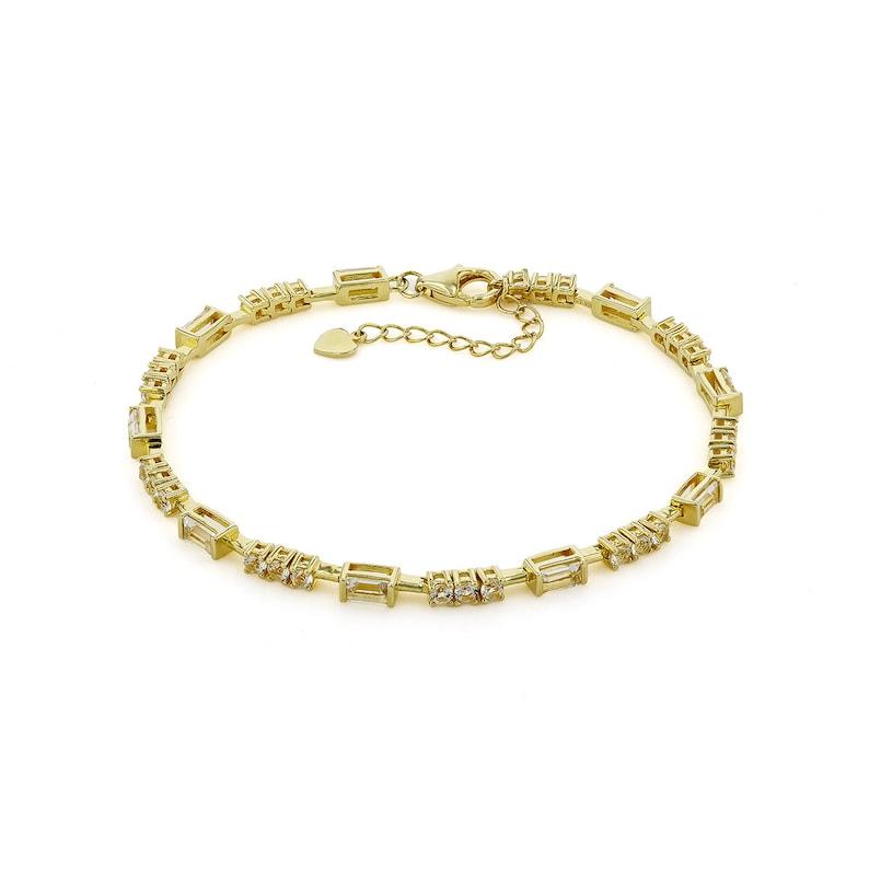 Baguette White Topaz  Prong 14k Yellow Gold Plated Silver Link Bracelet