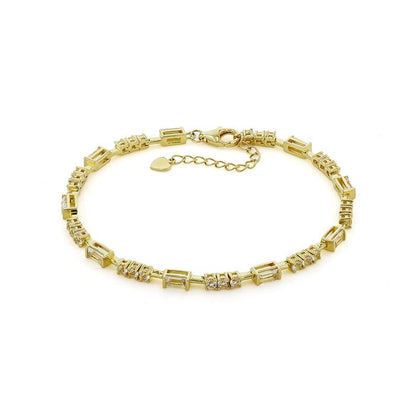 Baguette White Topaz  Prong 14k Yellow Gold Plated Silver Link Bracelet