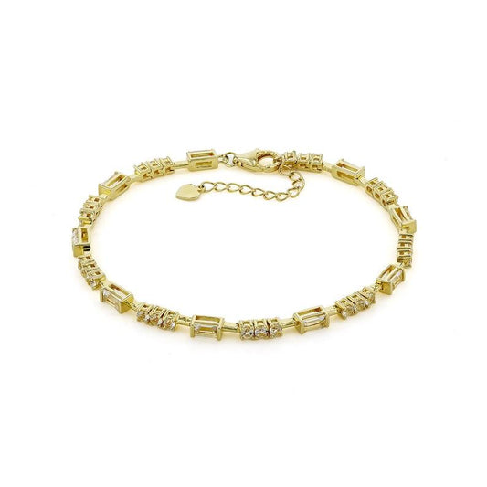 Baguette White Topaz  Prong 14k Yellow Gold Plated Silver Link Bracelet