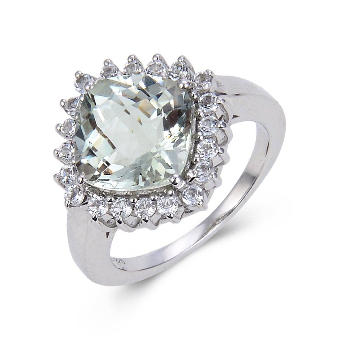 3.80 Ct Cushion Green Amethyst Prong Silver Halo Floral Ring