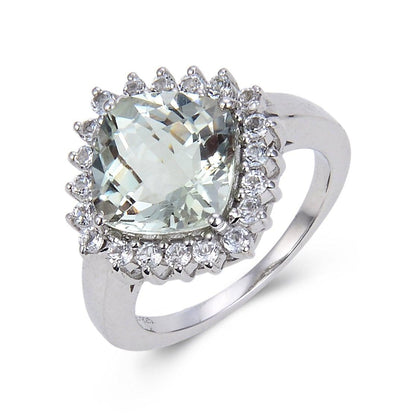 3.80 Ct Cushion Green Amethyst Prong Silver Halo Floral Ring