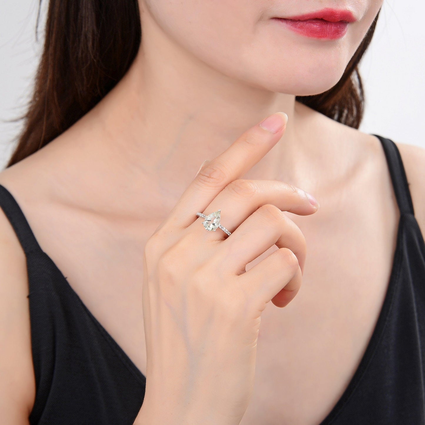 0.35 Ct Pear Green Amethyst Prong Silver Pave Solitaire Ring
