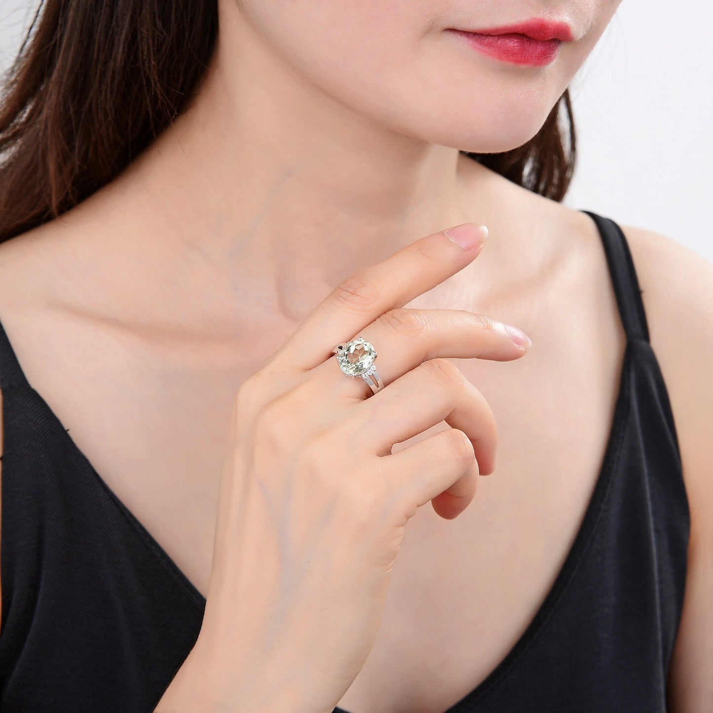 1.44 Ct Oval Green Amethyst Prong Silver Statement Ring