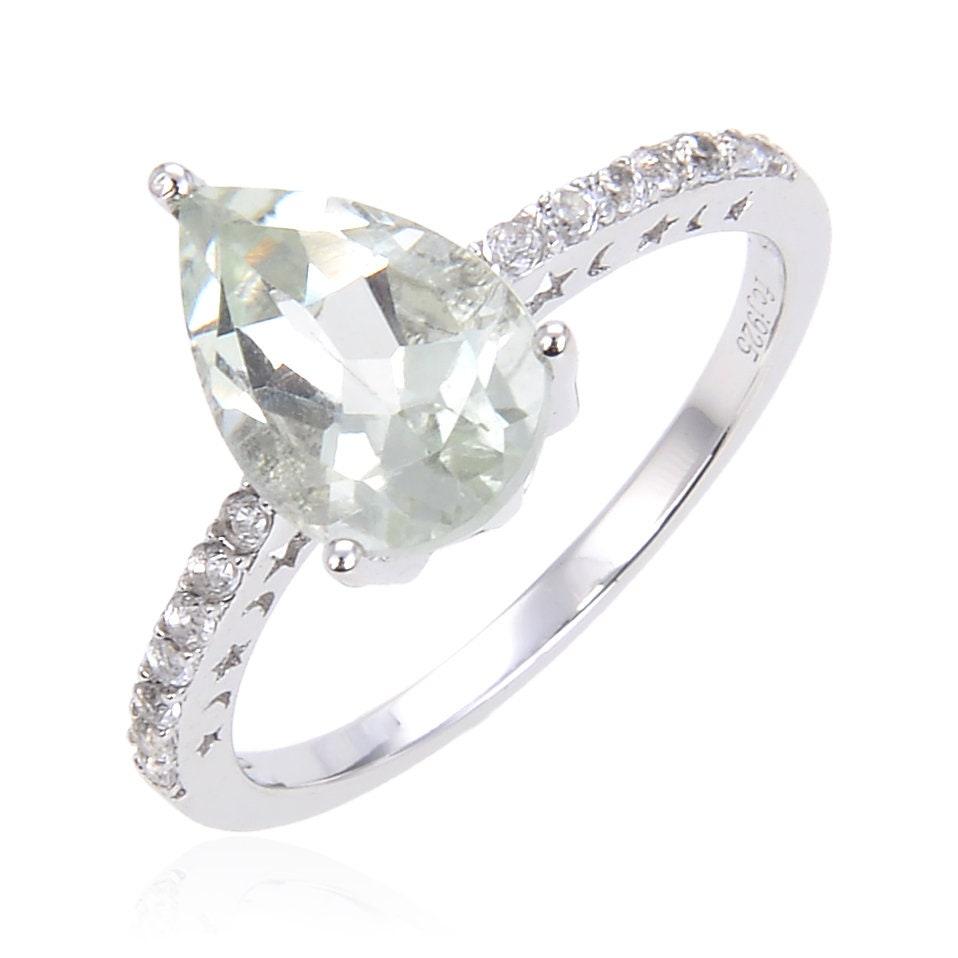 0.35 Ct Pear Green Amethyst Prong Silver Pave Solitaire Ring