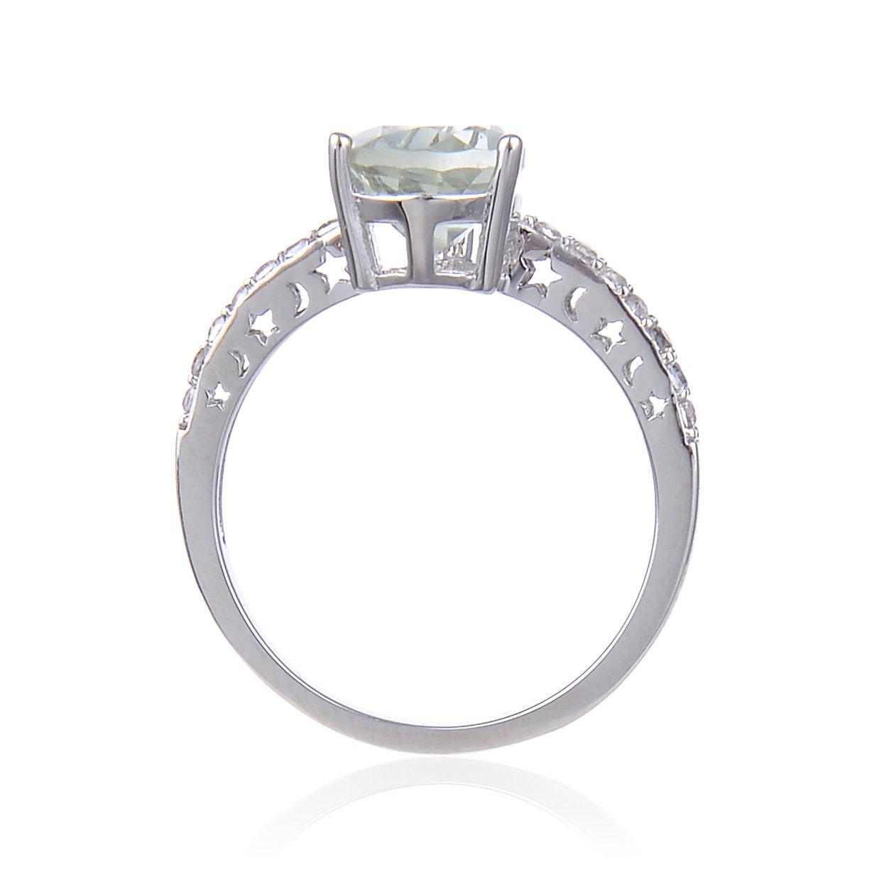 0.35 Ct Pear Green Amethyst Prong Silver Pave Solitaire Ring