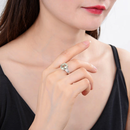 1.44 Ct Oval Green Amethyst Prong Silver Chunky Engagement Ring