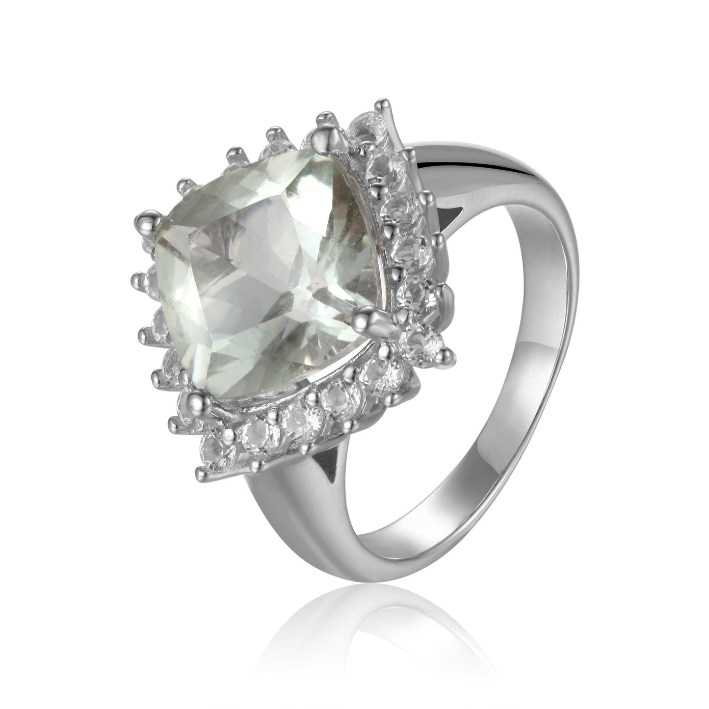 3.80 Ct Cushion Green Amethyst Prong Silver Halo Floral Ring