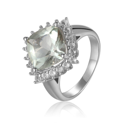 3.80 Ct Cushion Green Amethyst Prong Silver Halo Floral Ring