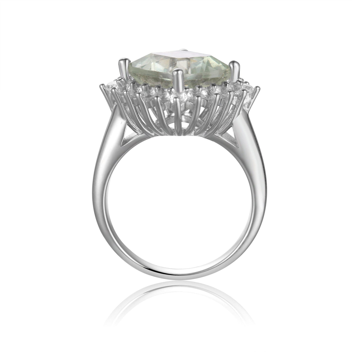 3.80 Ct Cushion Green Amethyst Prong Silver Halo Floral Ring
