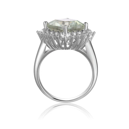 3.80 Ct Cushion Green Amethyst Prong Silver Halo Floral Ring
