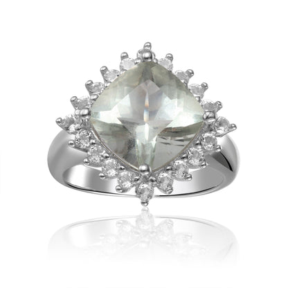3.80 Ct Cushion Green Amethyst Prong Silver Halo Floral Ring