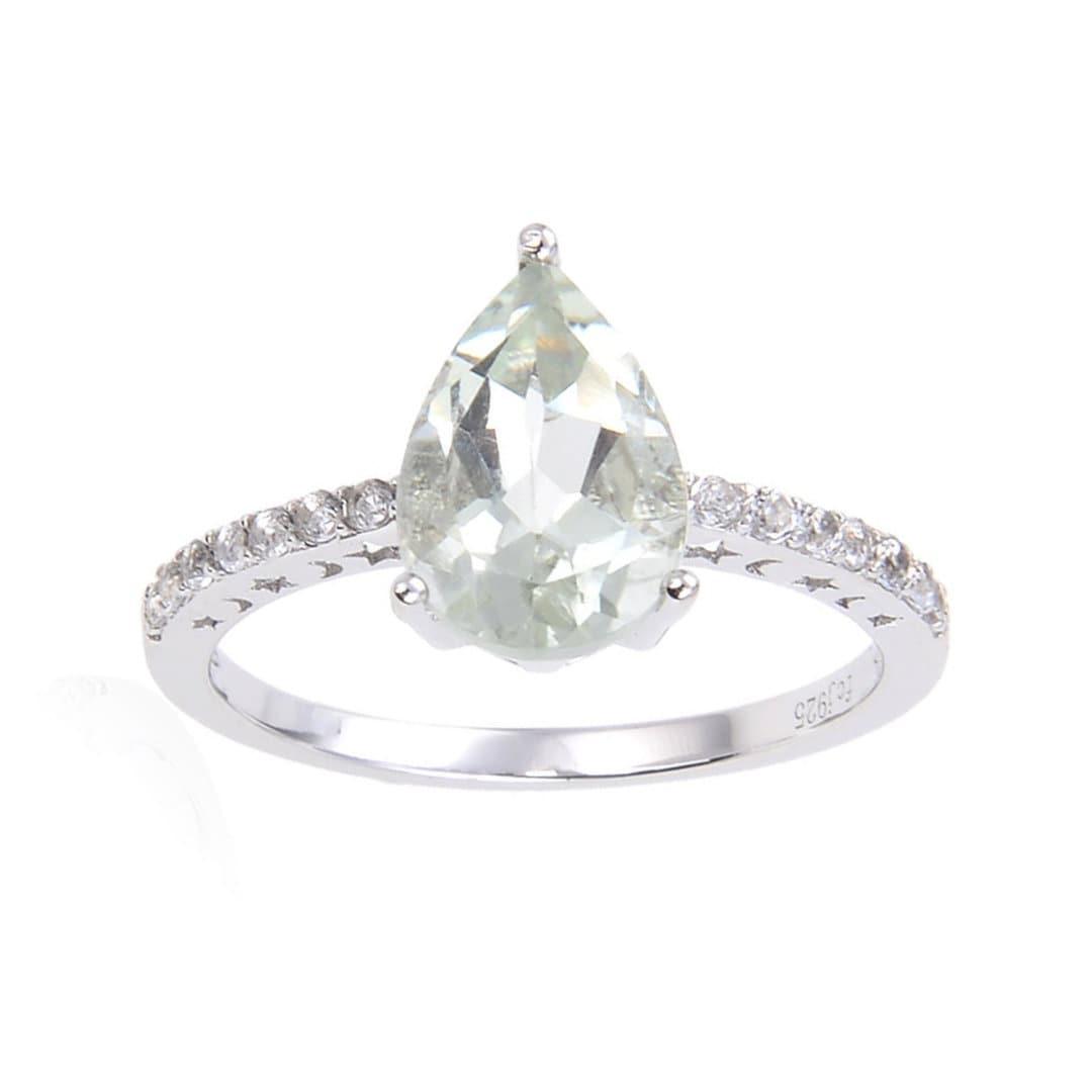 0.35 Ct Pear Green Amethyst Prong Silver Pave Solitaire Ring