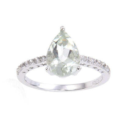0.35 Ct Pear Green Amethyst Prong Silver Pave Solitaire Ring