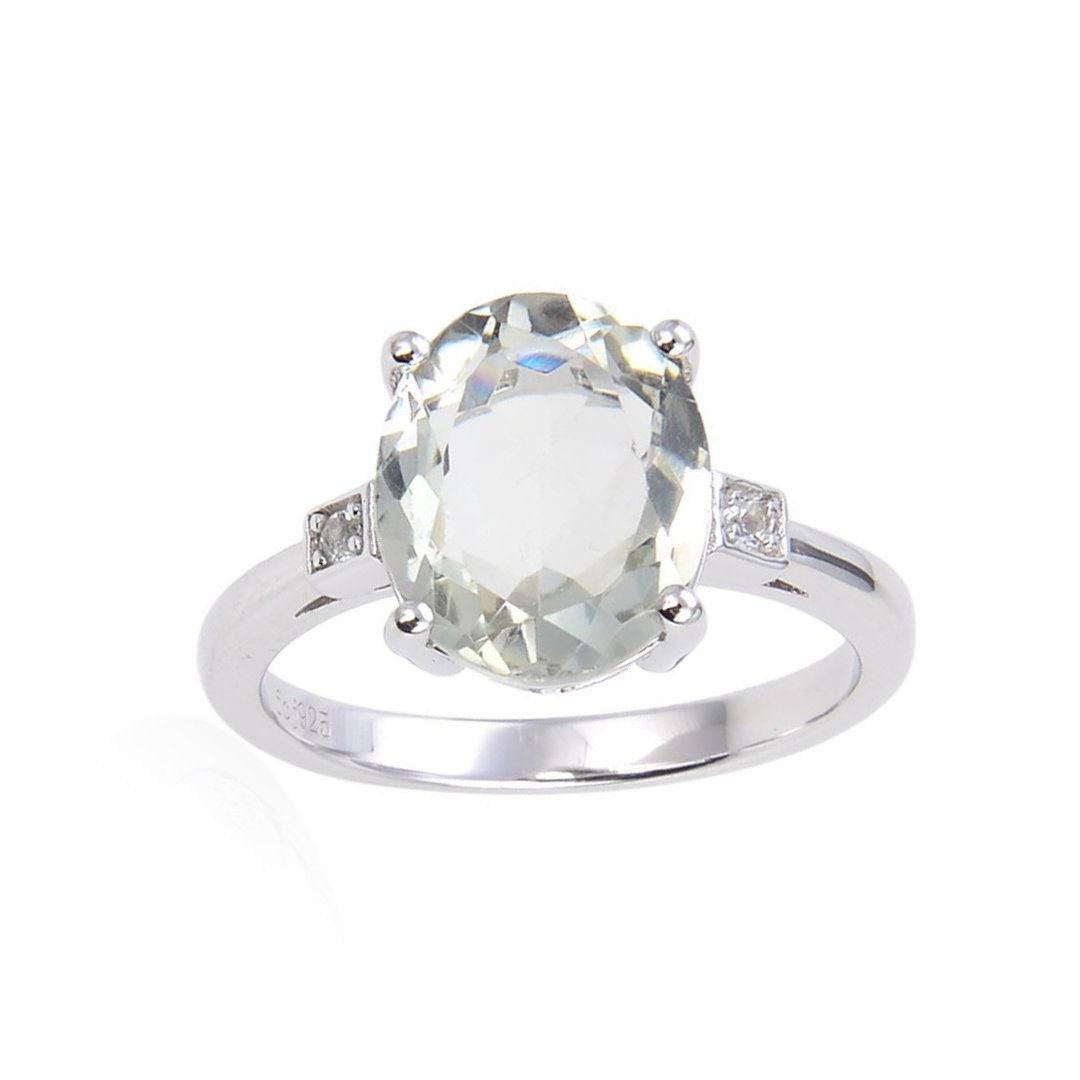 1.44 Ct Oval Green Amethyst Prong Silver Chunky Engagement Ring