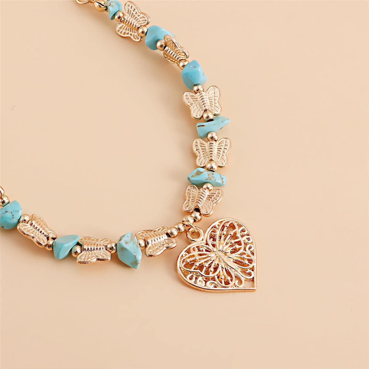 Turquoise & Goldtone Butterfly Heart Pendant Necklace