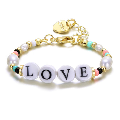 Kids 14k Gold Plated Beads Bracelet with Freshwater Pearls and Love Tag