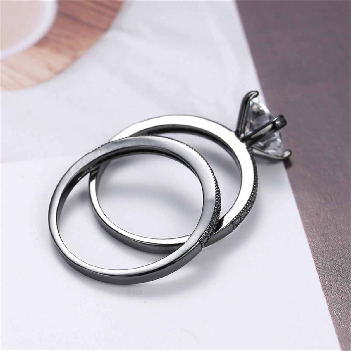 Cubic Zirconia & Black-Plated Cushion-Cut Ring Set