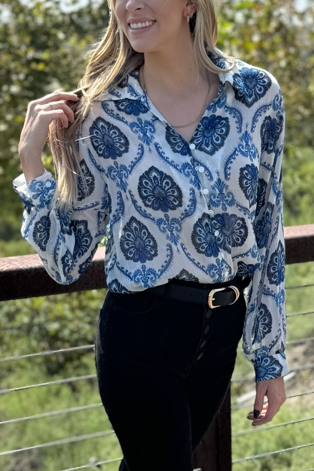 Threaded Pear Mila Pattern Button Top