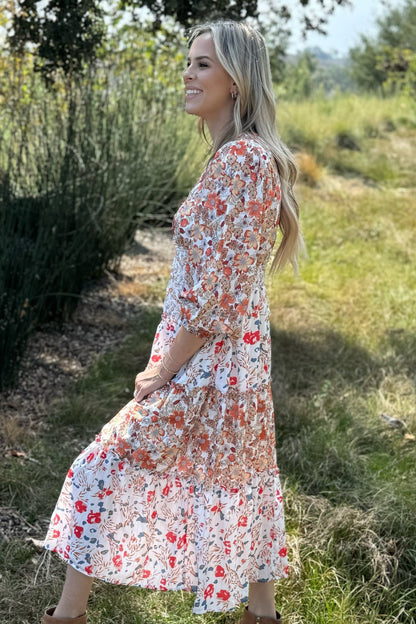 Threaded Pear Lily Floral Ruffled Tiered Midi Dress