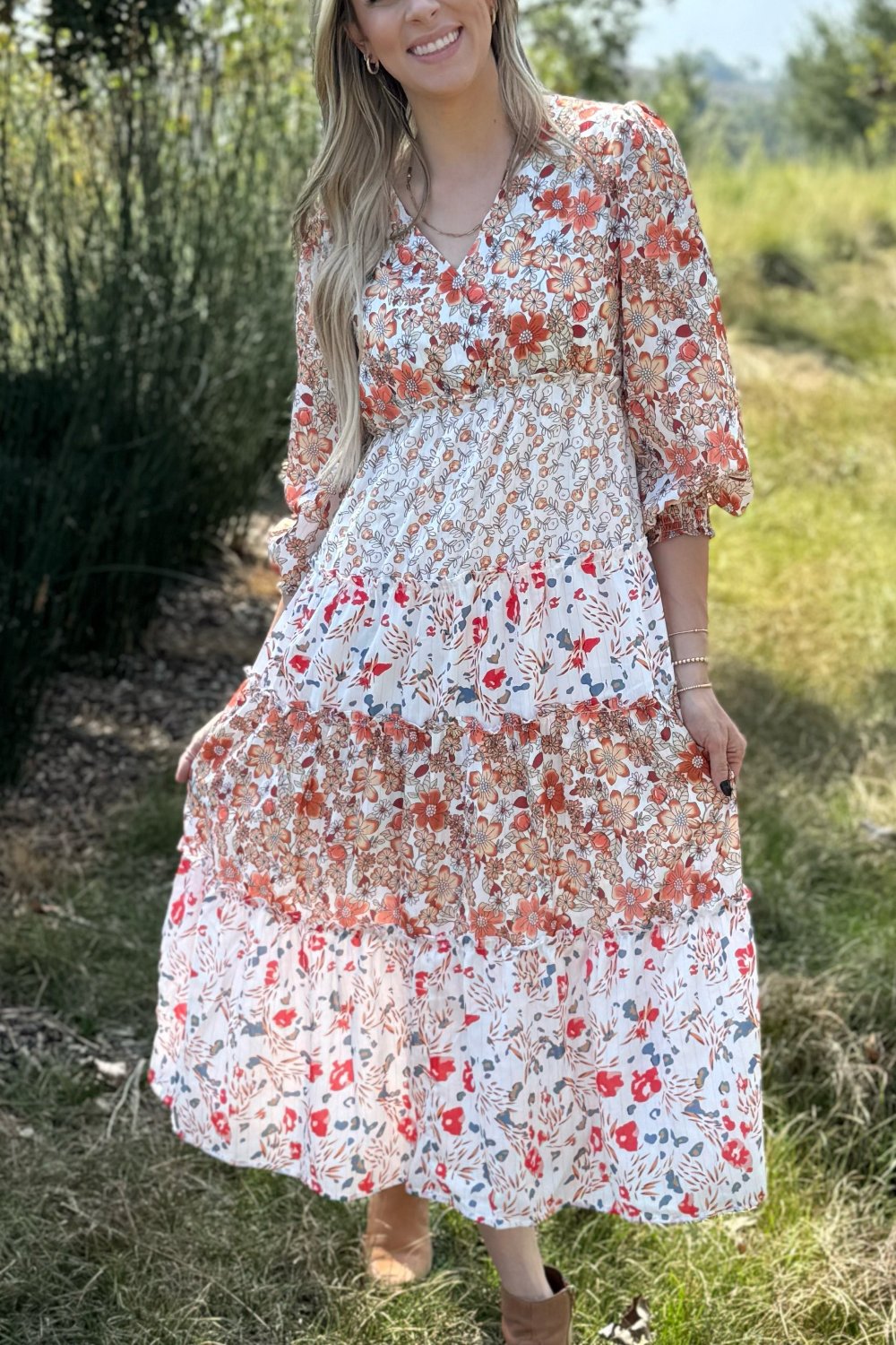 Threaded Pear Lily Floral Ruffled Tiered Midi Dress
