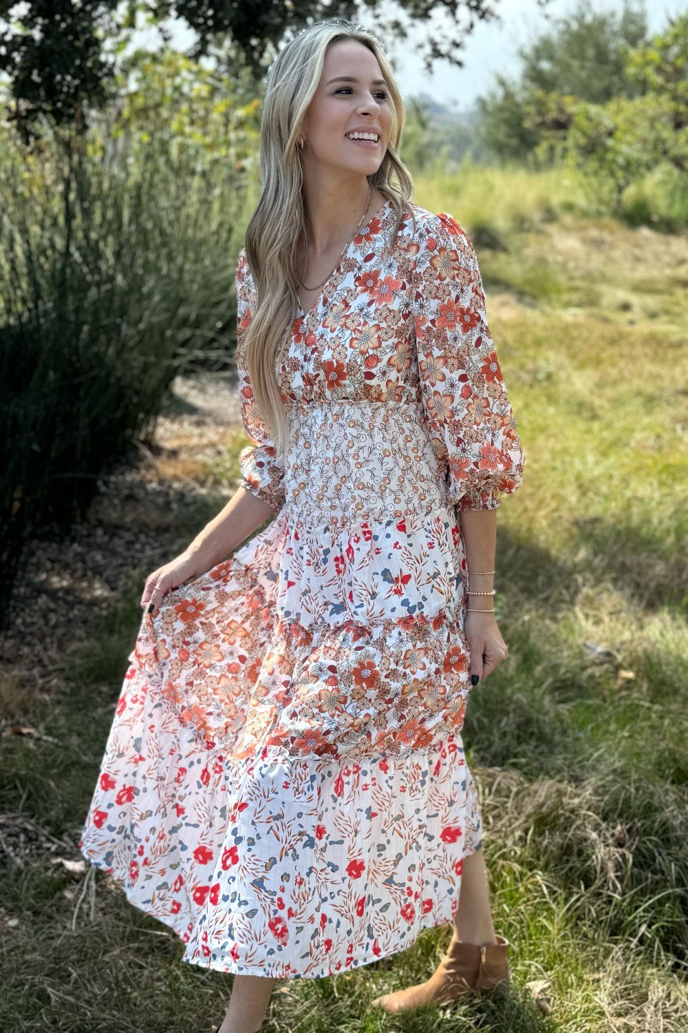 Threaded Pear Lily Floral Ruffled Tiered Midi Dress