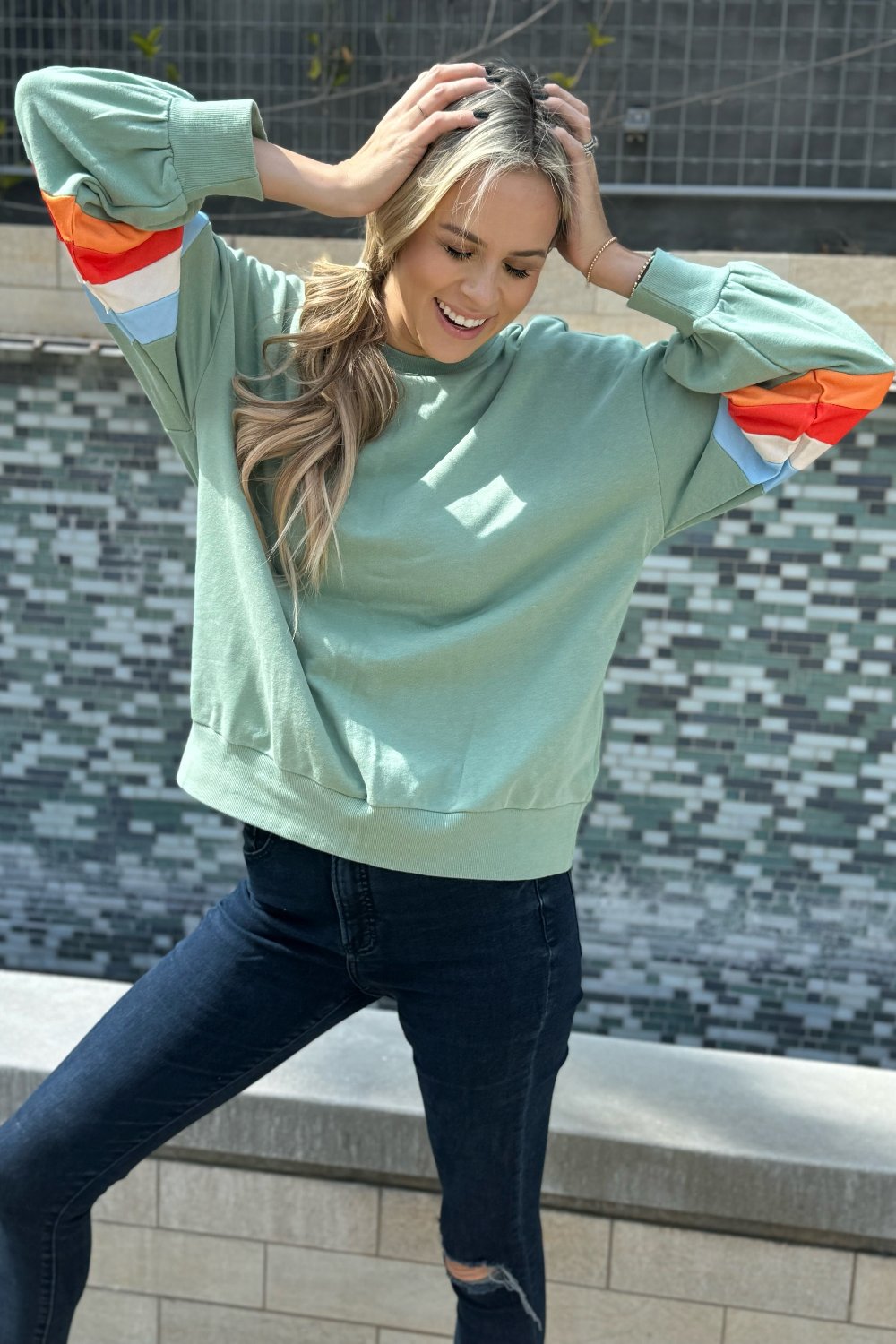 Threaded Pear Ella Striped Sleeve Loose Sweatshirt